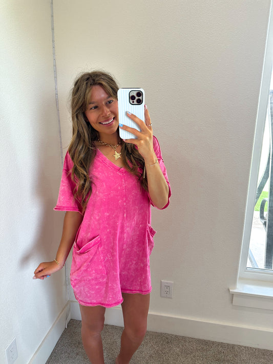 Mineral Washed Romper in Pink