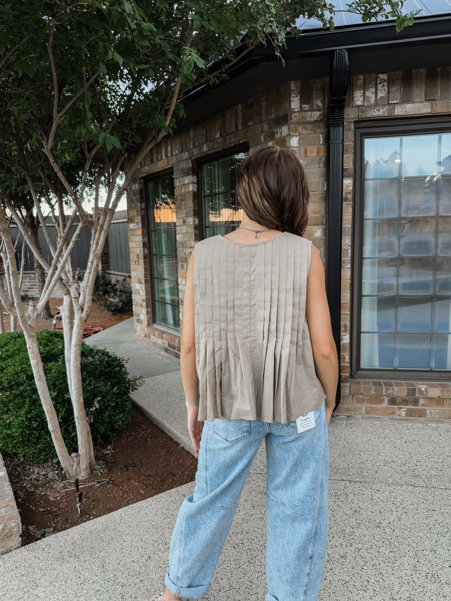Taupe Pleated Bow Blouse