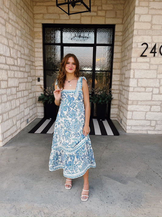 Blue Floral Border Trim Dress