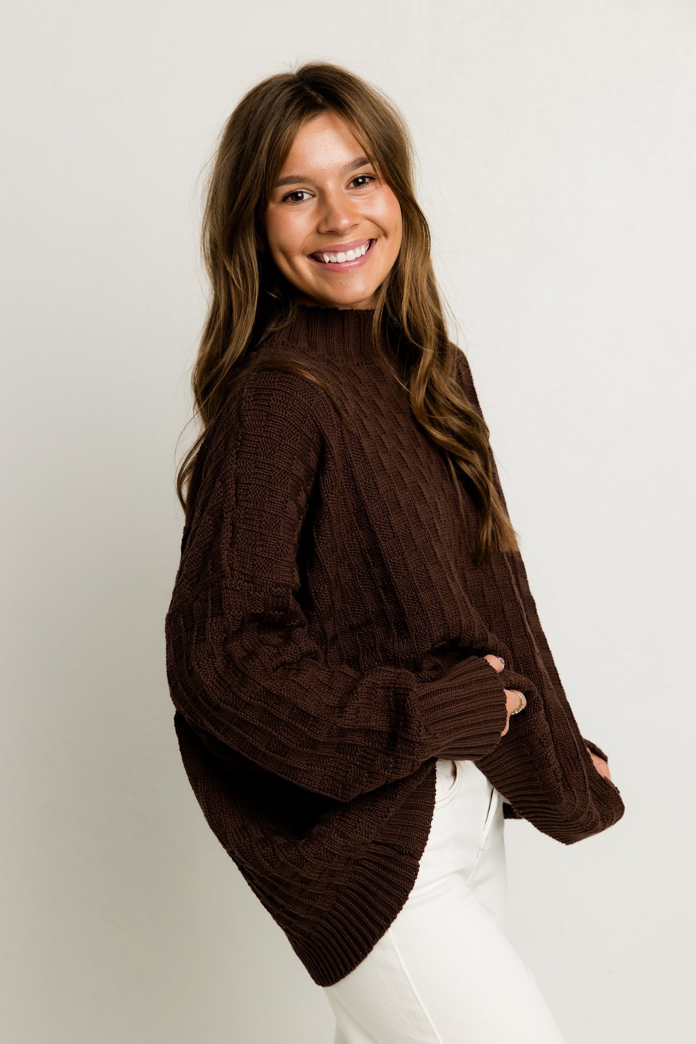Brown Mock Neck Checkered Sweater