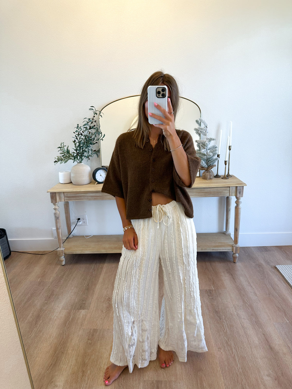 Crochet Detail Pants in Natural