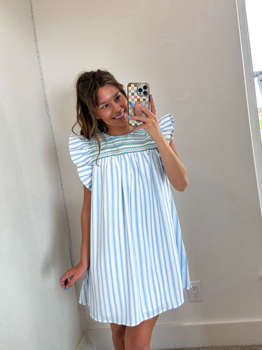 Blue & White Stripe Dress (Smocked Detail)