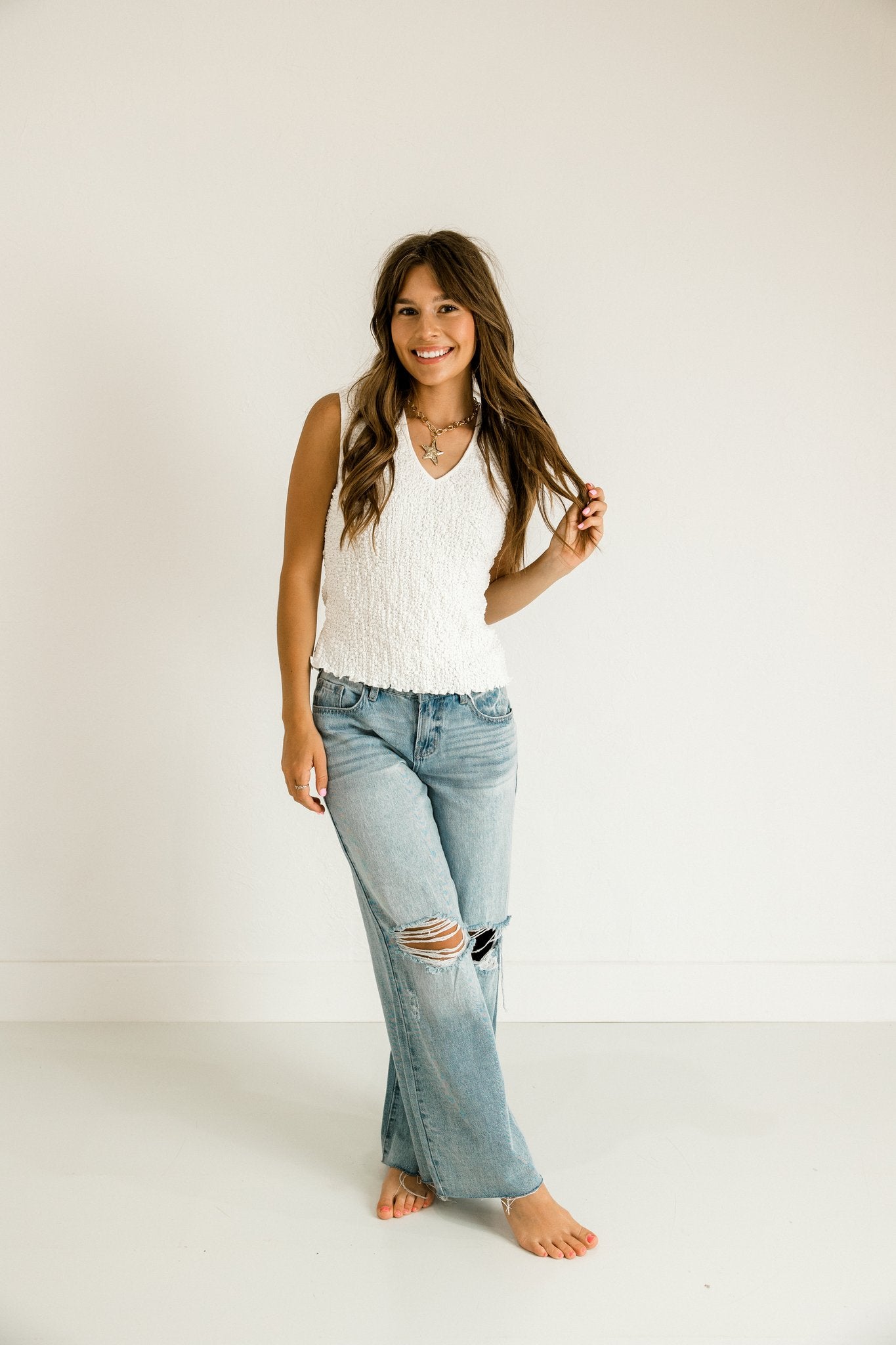 White Textured Sleeveless Top