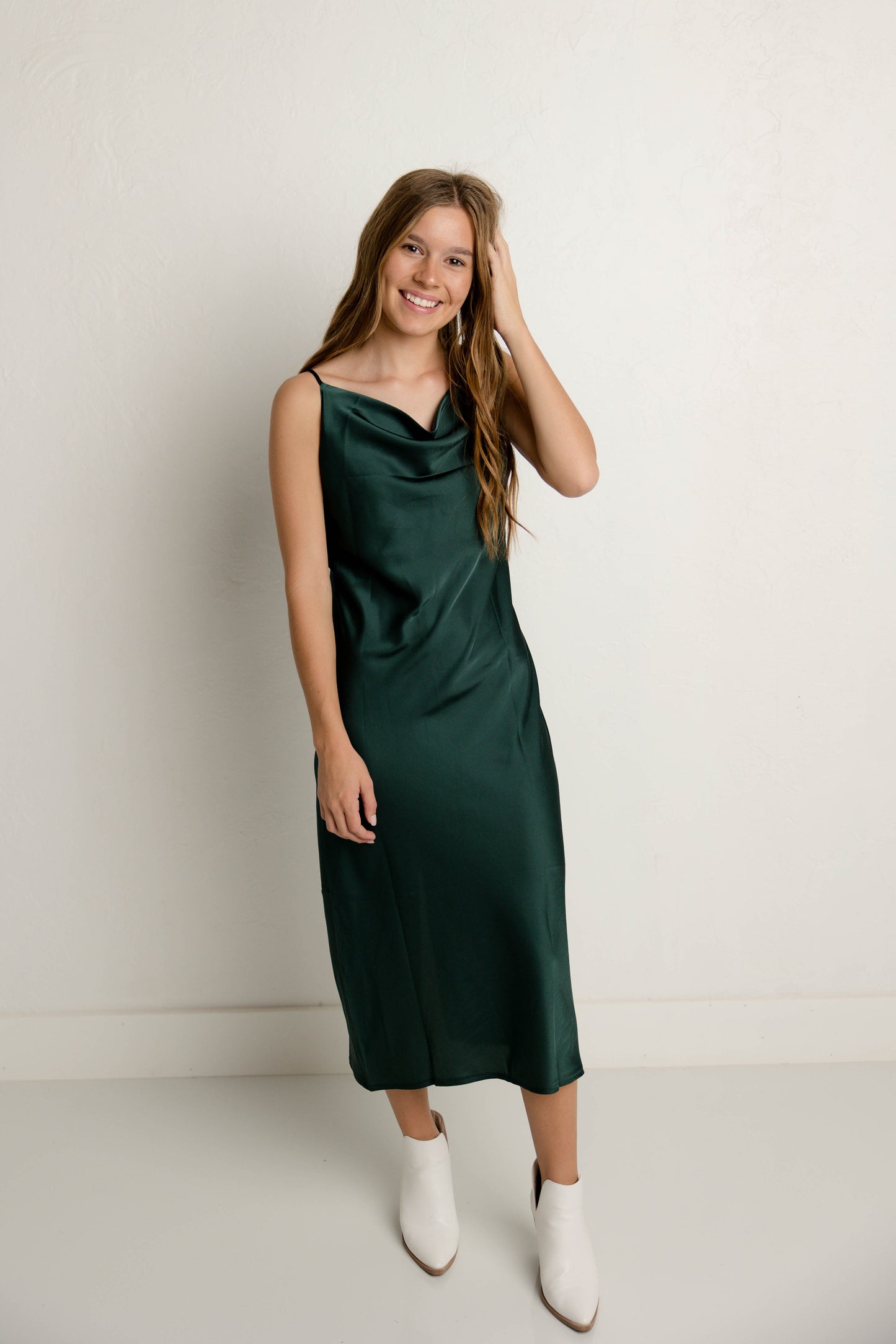 Satin Midi Dress in Hunter Green