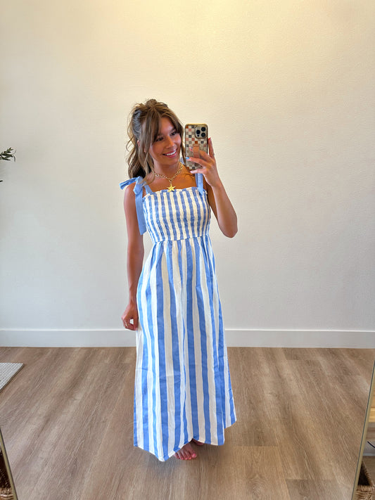 White & Sky Smocked Midi Dress