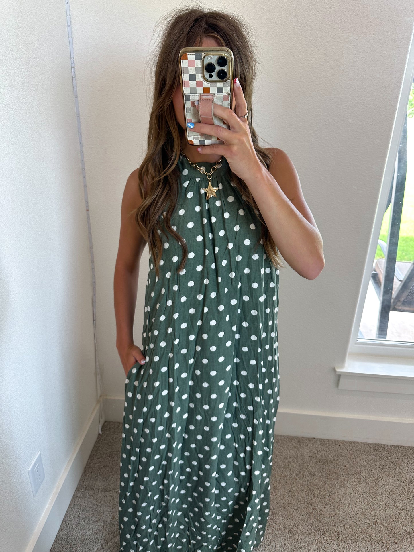 Olive Polka Dot Halter Maxi Dress