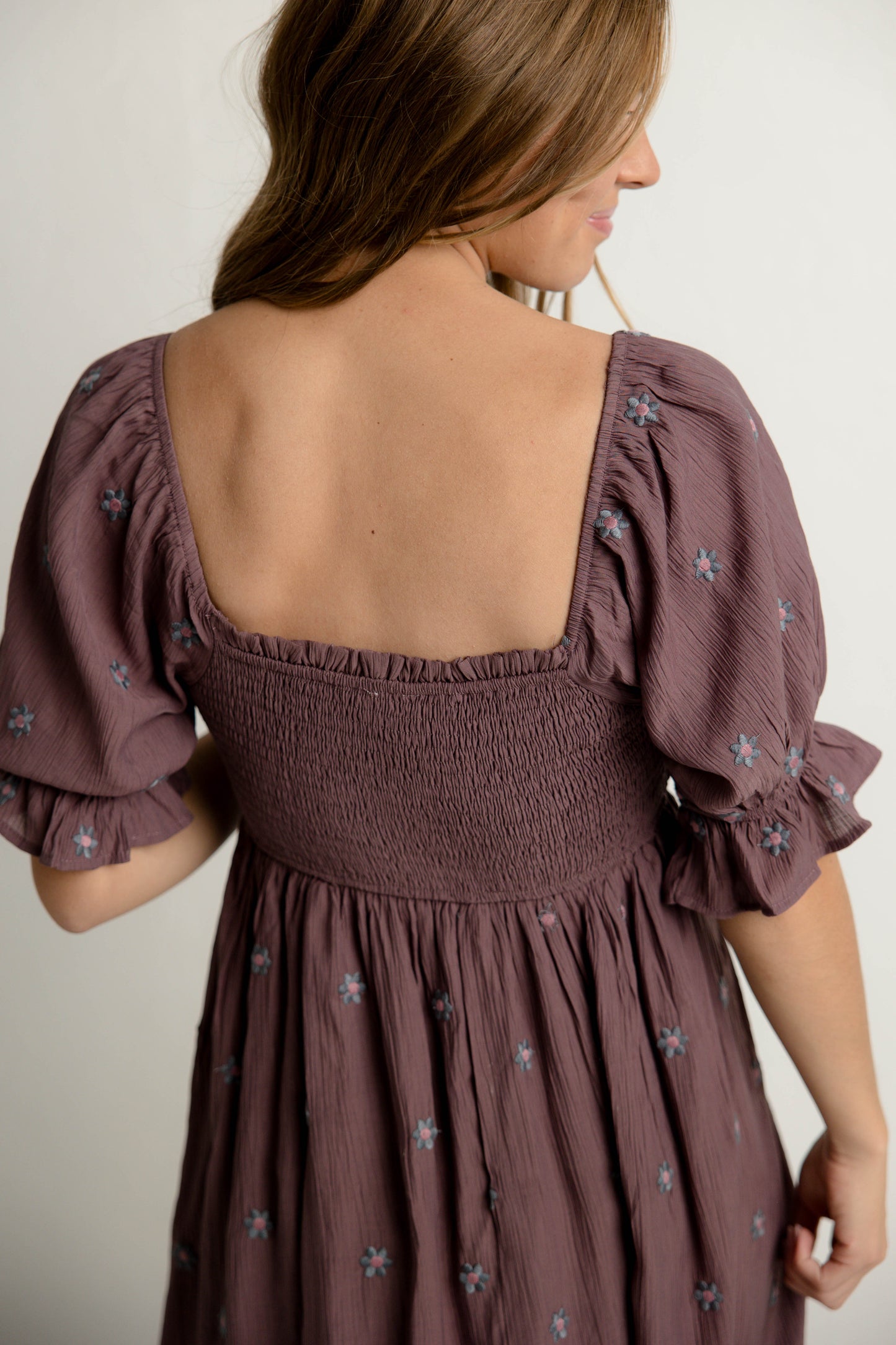 Embroidered Midi Dress in Eggplant