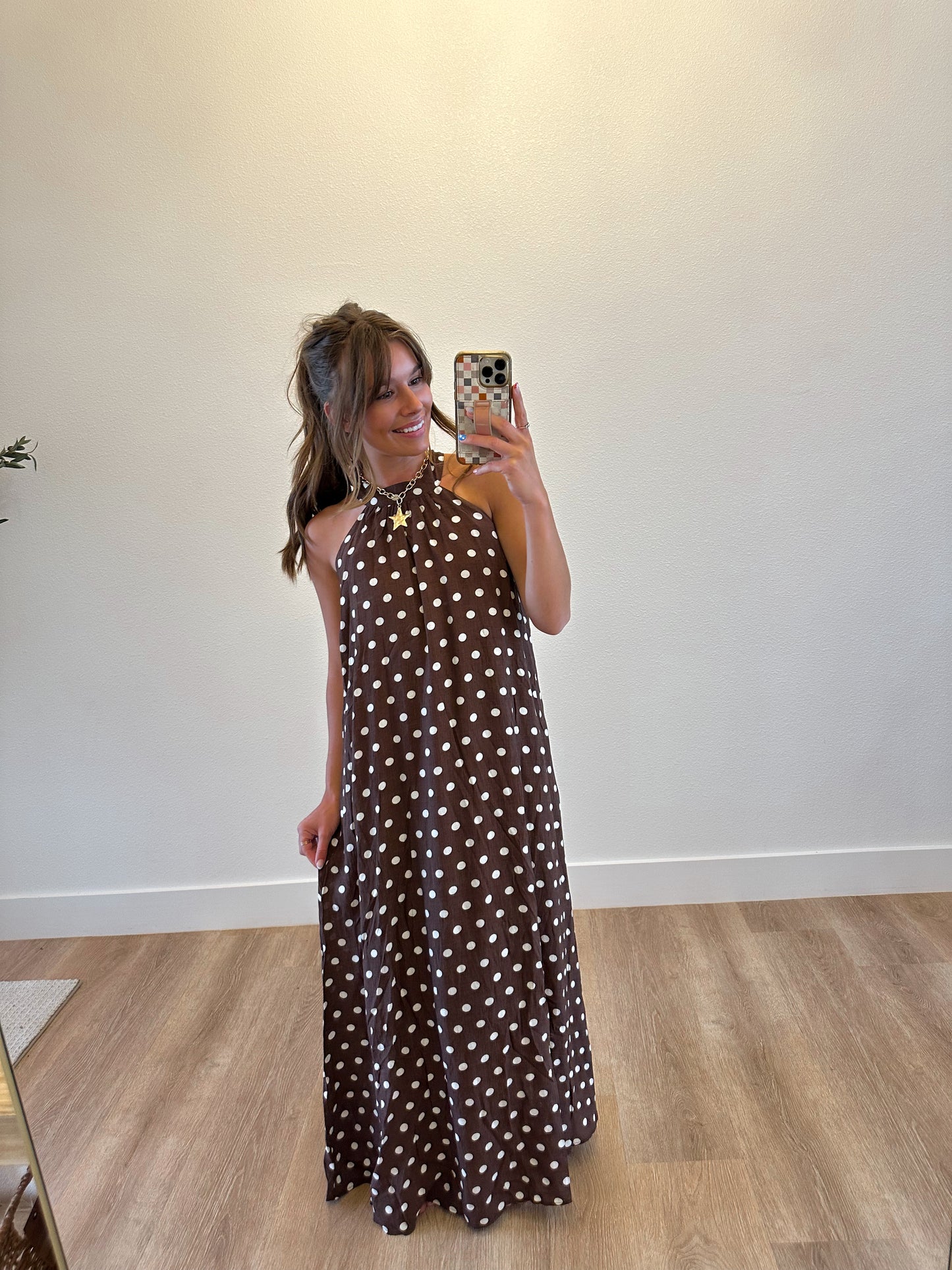 Brown Polka Dot Halter Maxi Dress