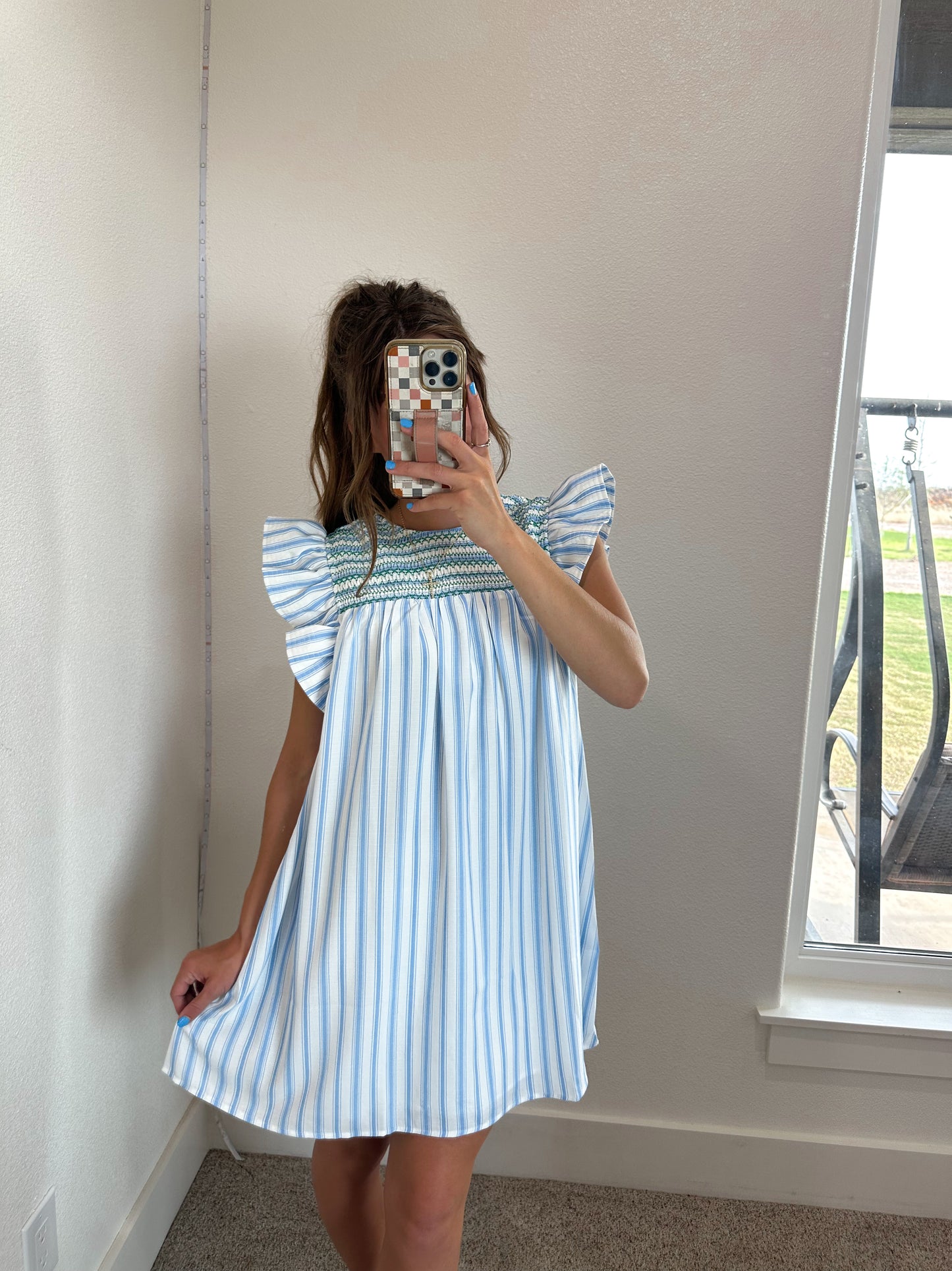 Blue & White Stripe Dress (Smocked Detail)