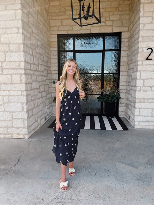 Navy Floral Embroidered Dress