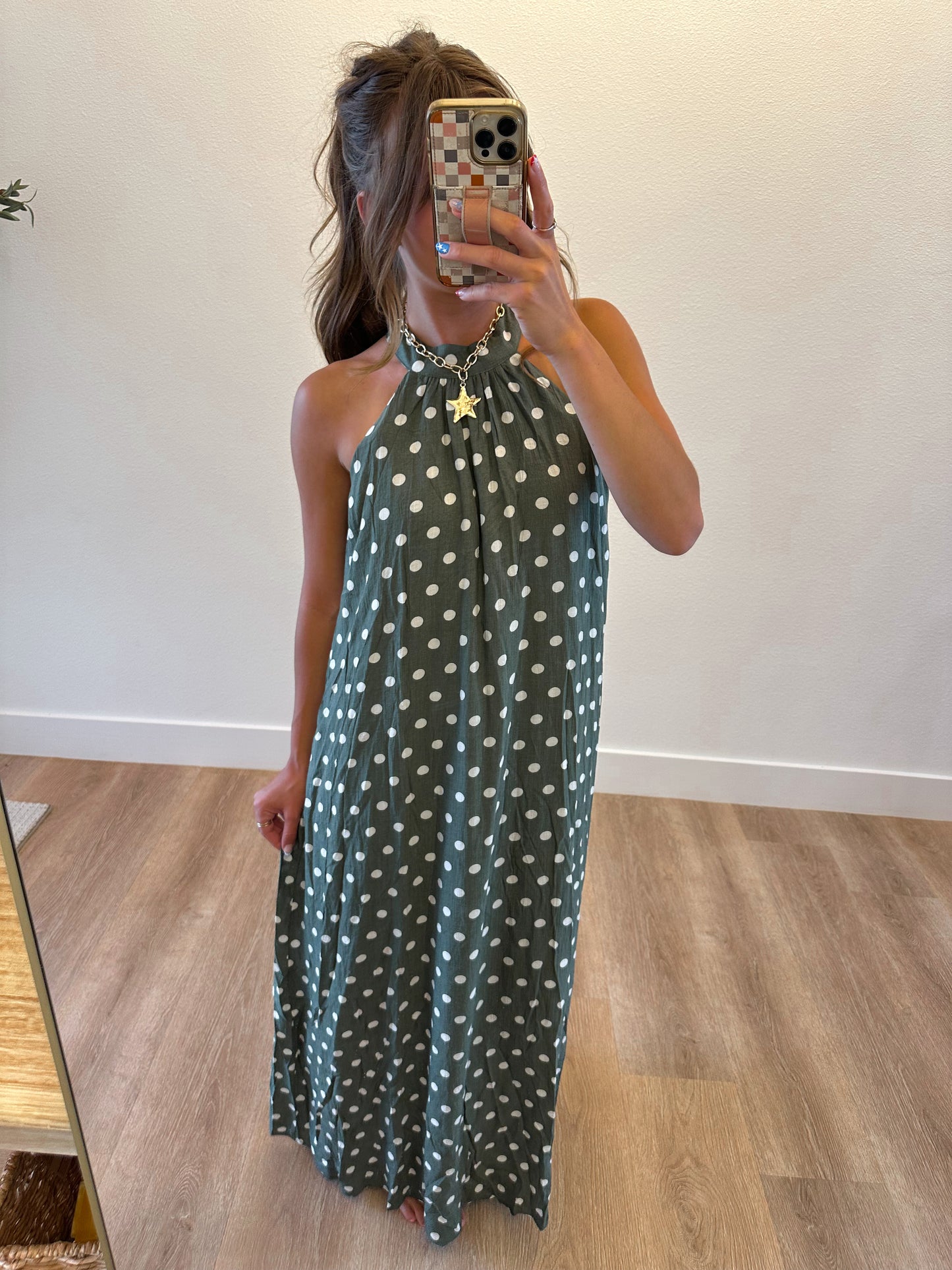 Olive Polka Dot Halter Maxi Dress