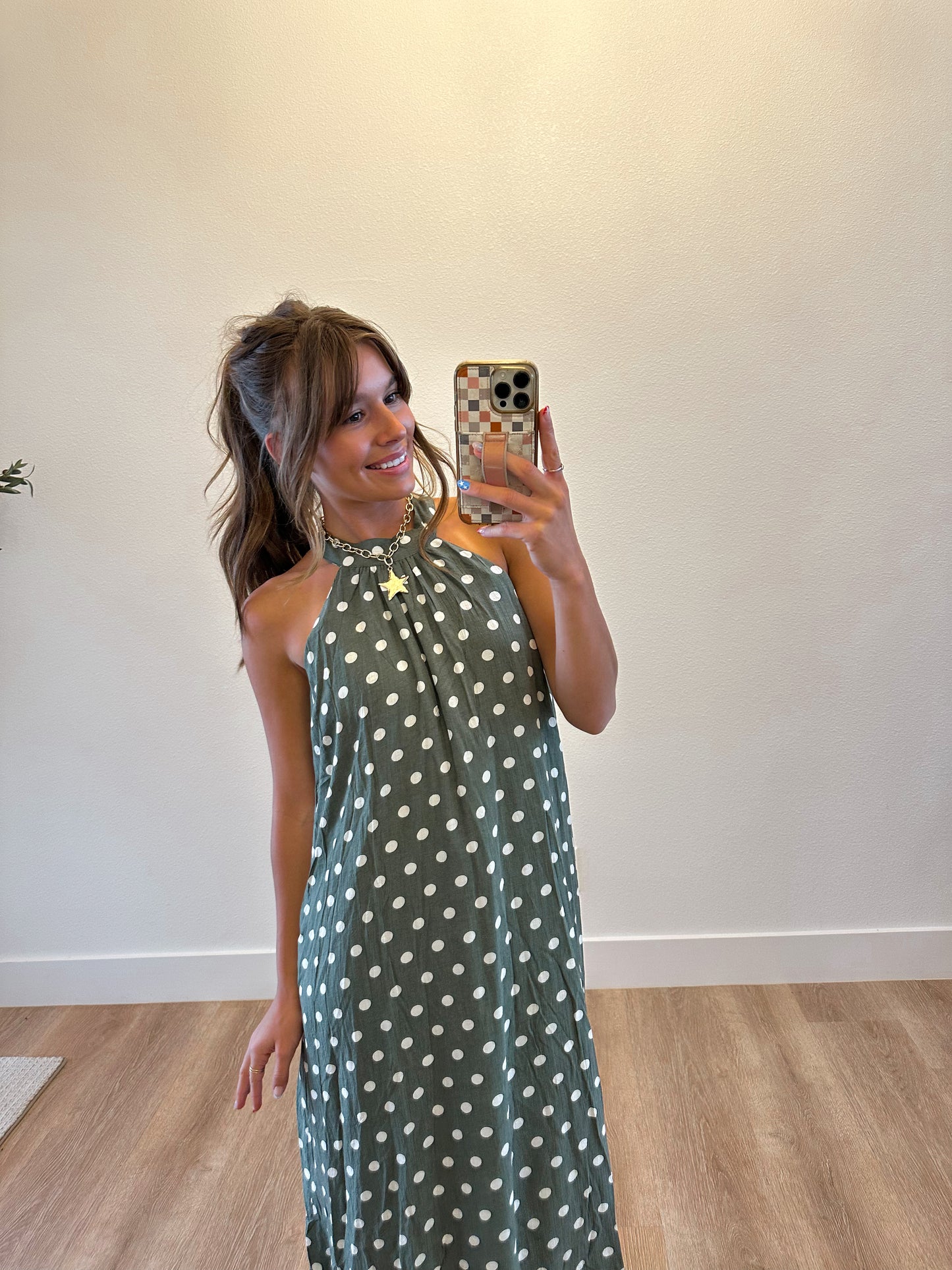 Olive Polka Dot Halter Maxi Dress