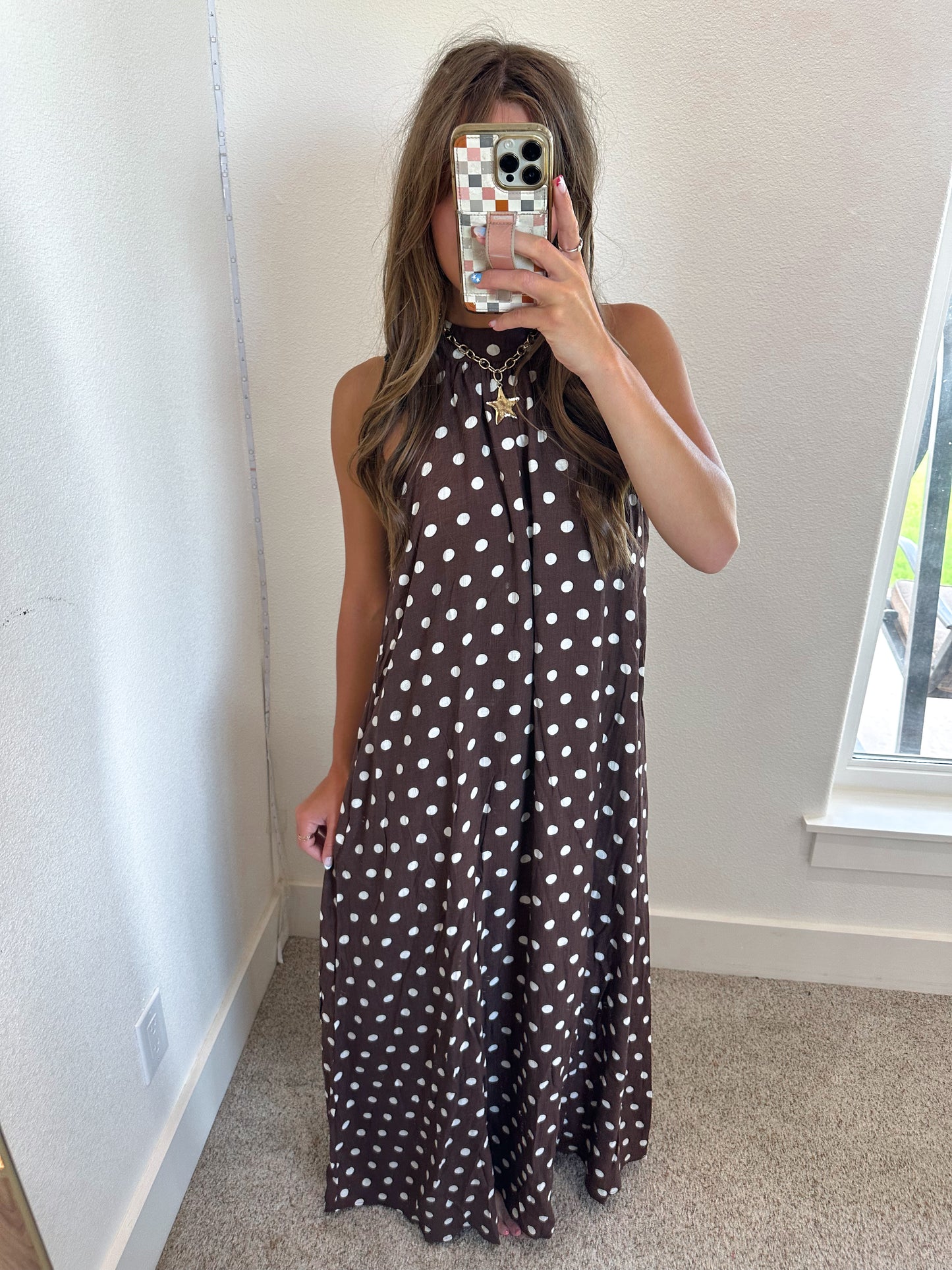 Brown Polka Dot Halter Maxi Dress