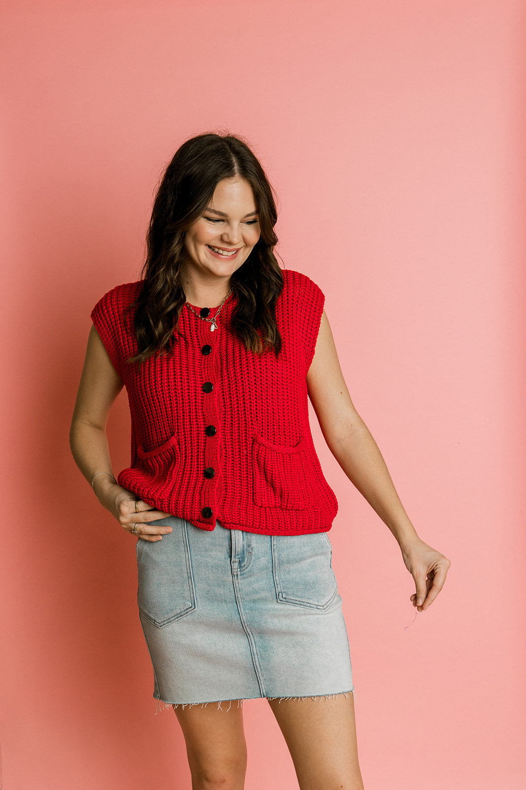 Button Front Sweater in Red