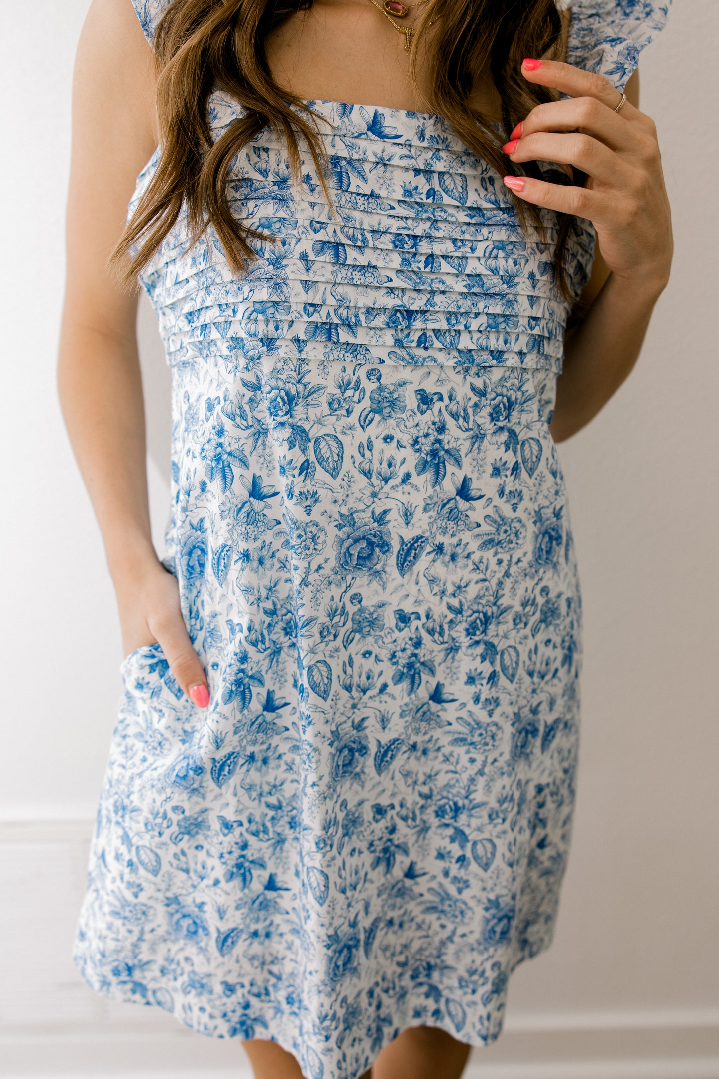 Blue Floral Pleated Dress (100% Cotton)