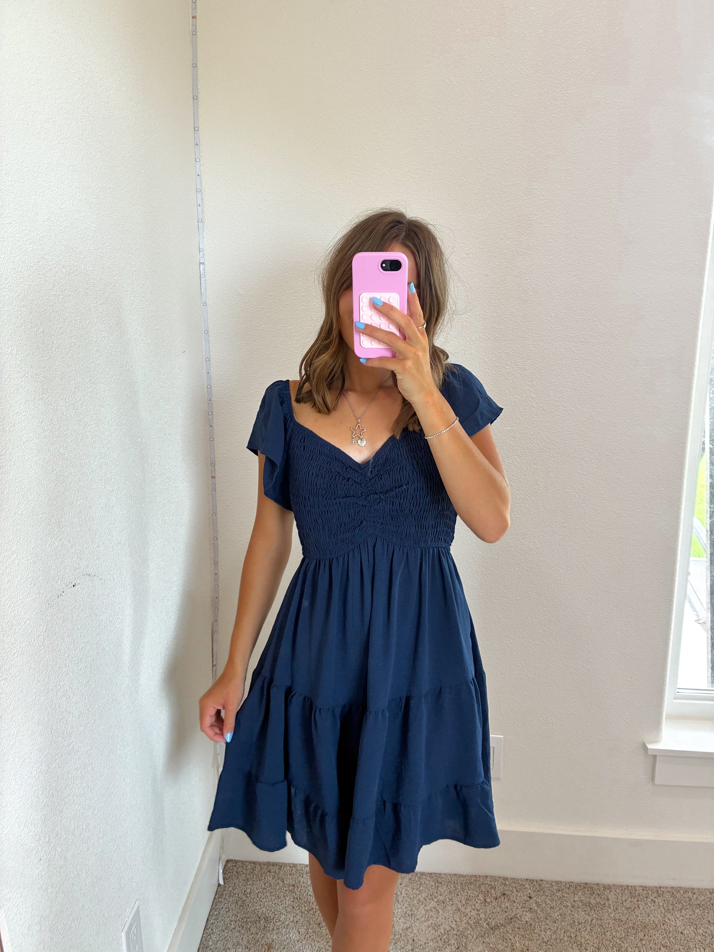 Flutter Sleeve Mini Dress in Navy
