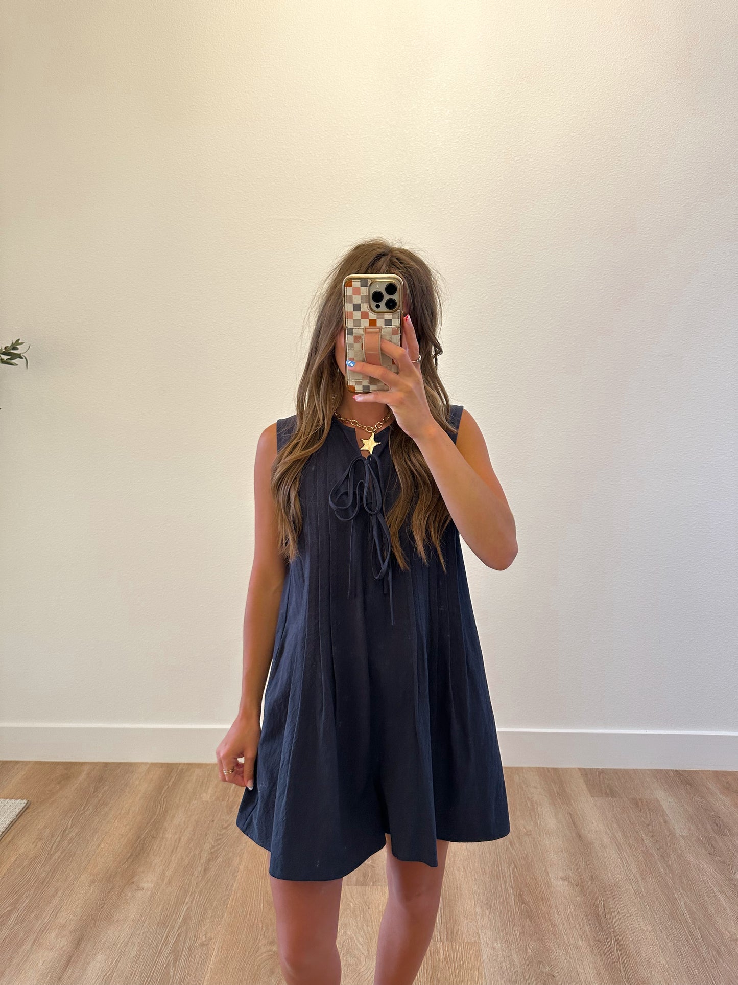 Navy Pleated Romper (100% Cotton)