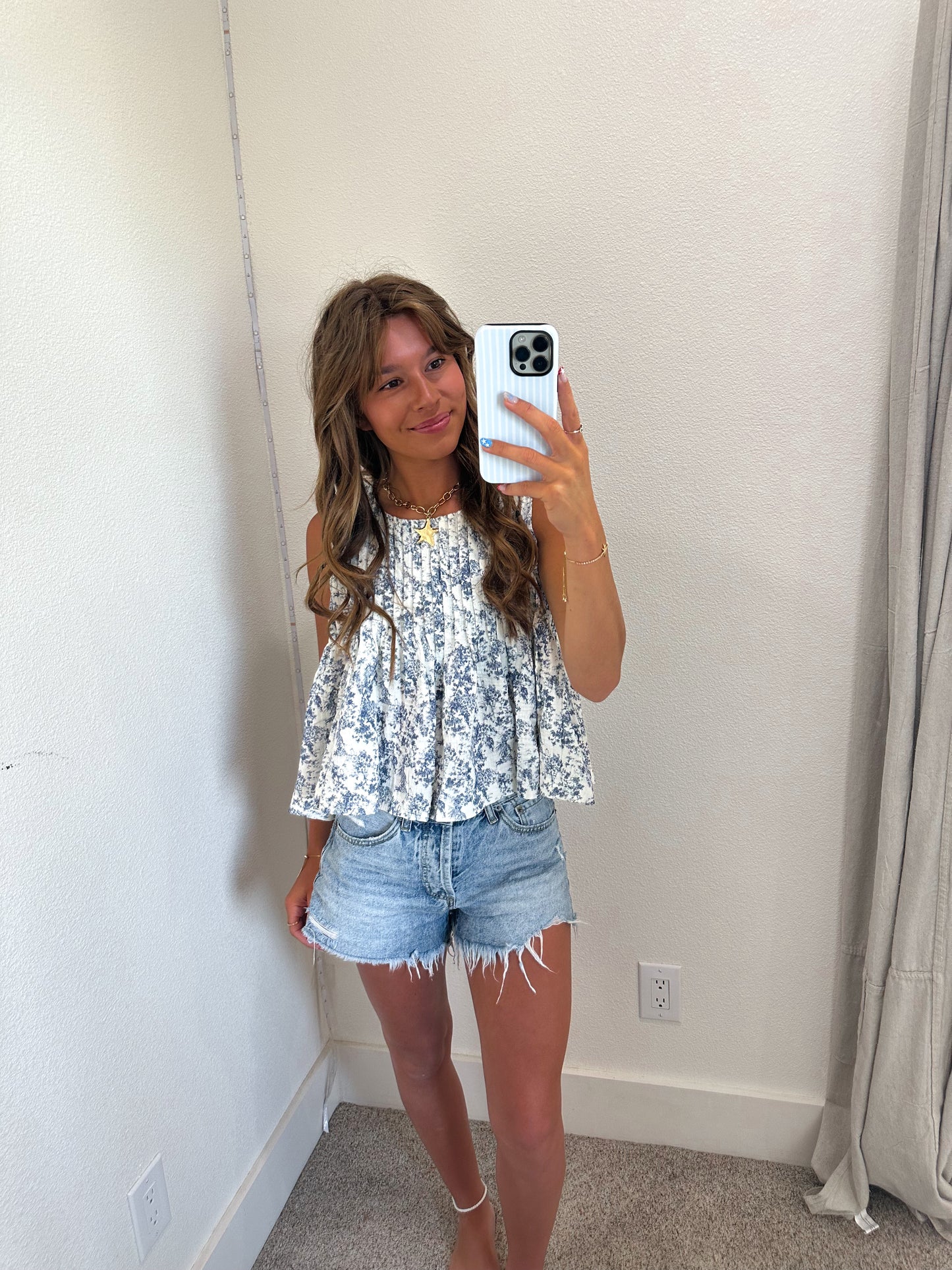 Navy Floral Pleated Tank (100% COTTON)