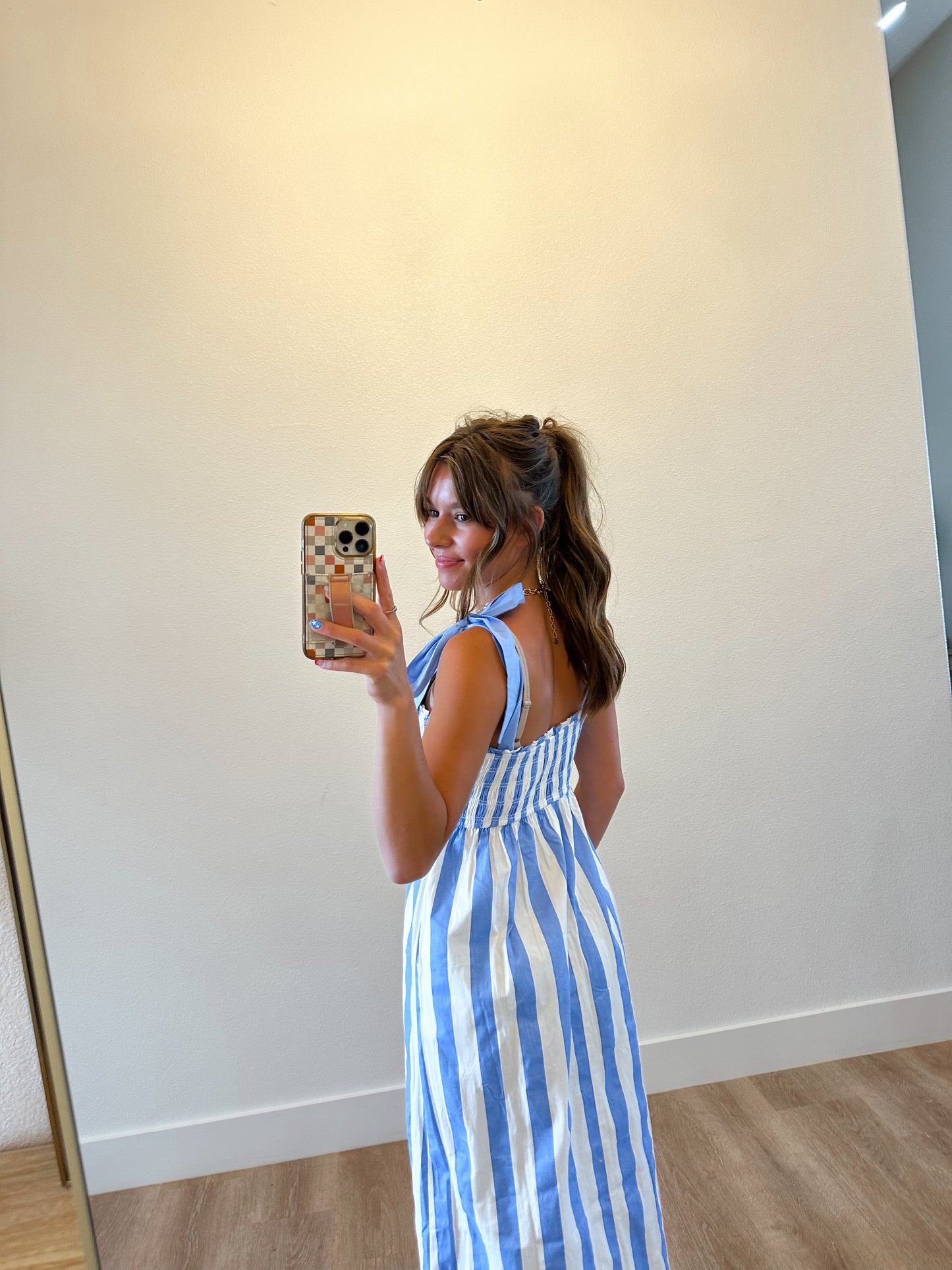 White & Sky Smocked Midi Dress