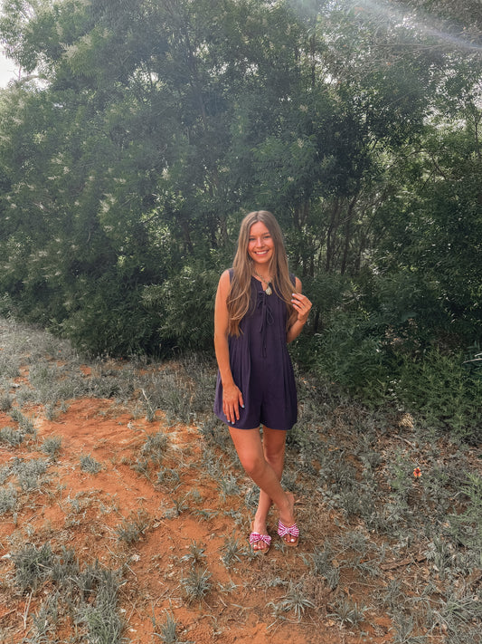 Navy Pleated Romper (100% Cotton)