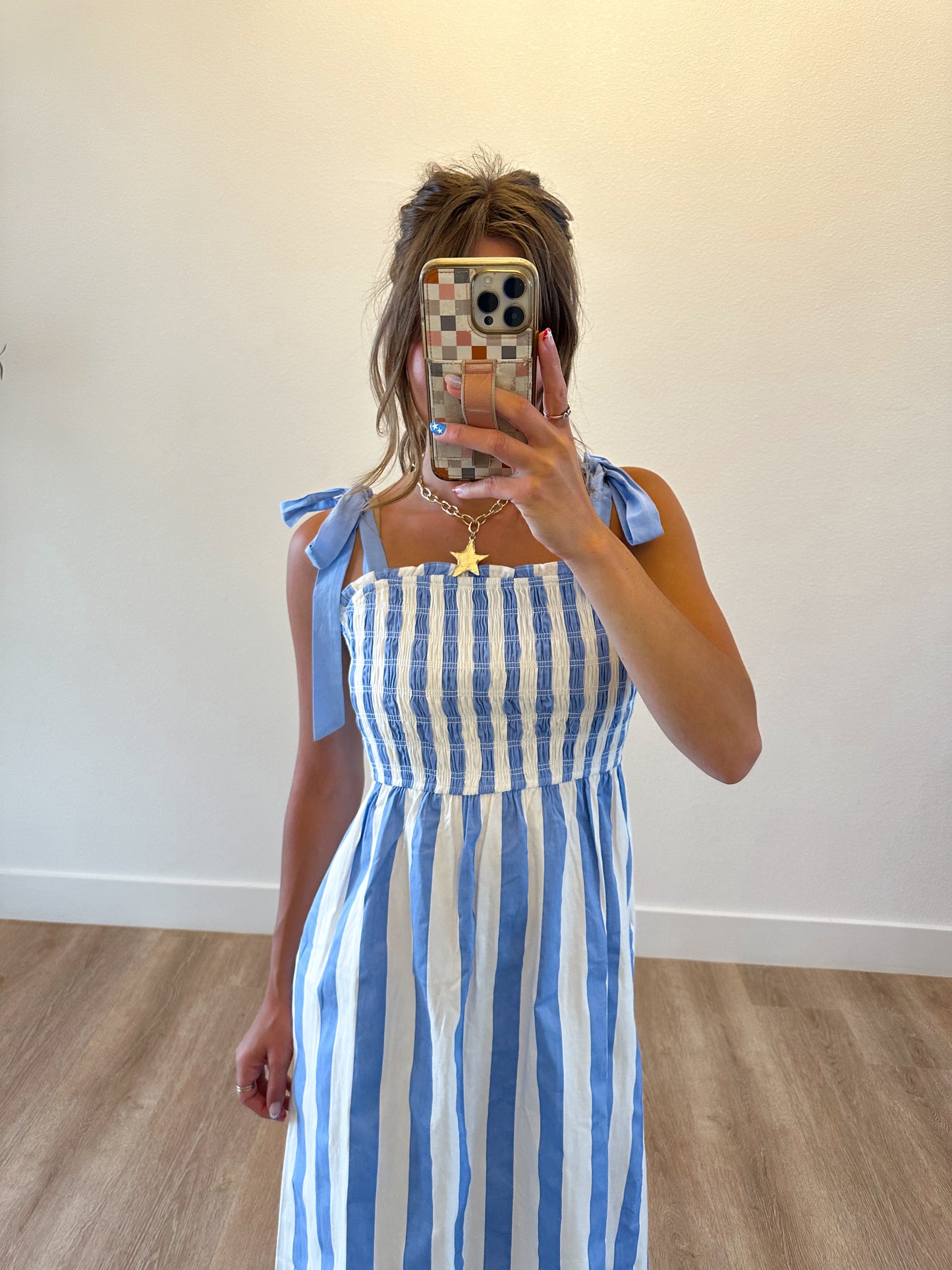 White & Sky Smocked Midi Dress