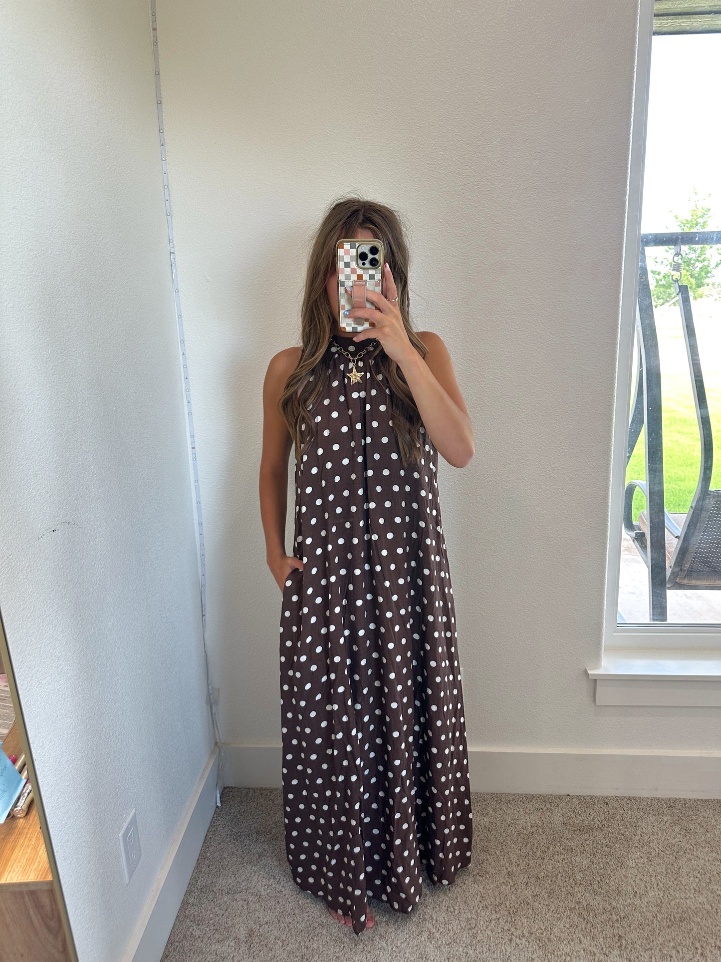Brown Polka Dot Halter Maxi Dress