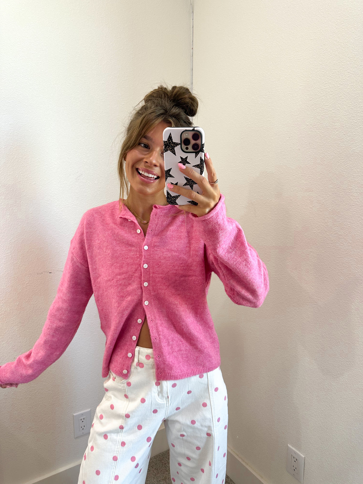 Barbie Pink Button Front Sweater