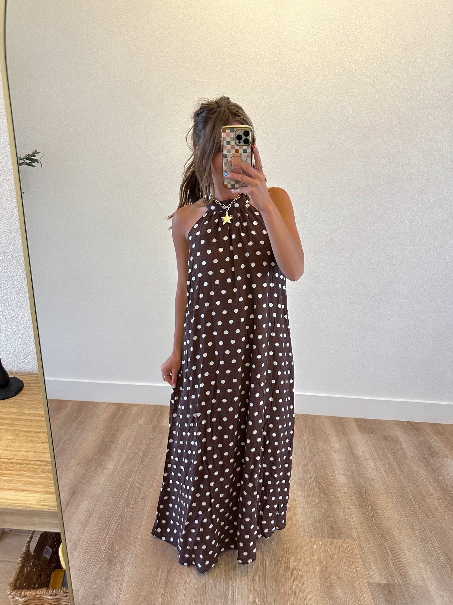 Brown Polka Dot Halter Maxi Dress