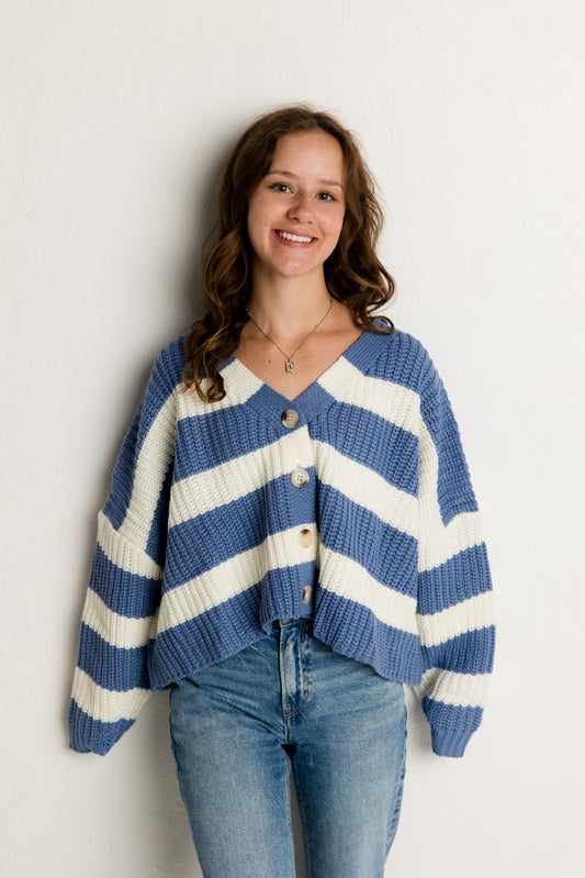 Blue Striped V-Neck Cardigan