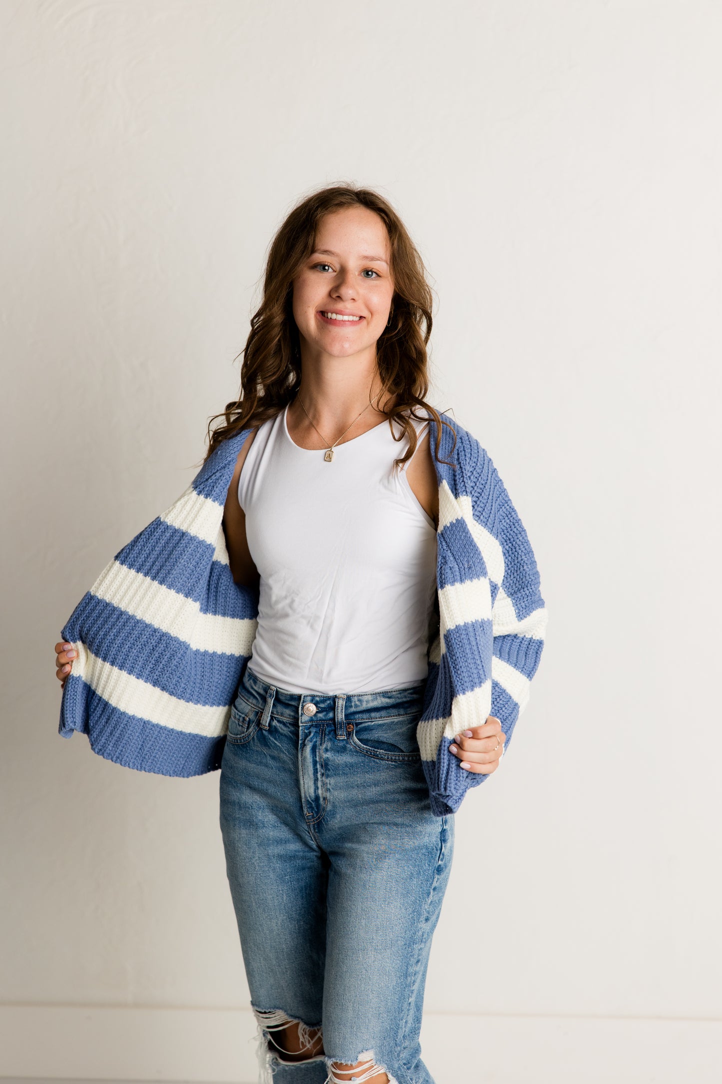 Blue Striped V-Neck Cardigan