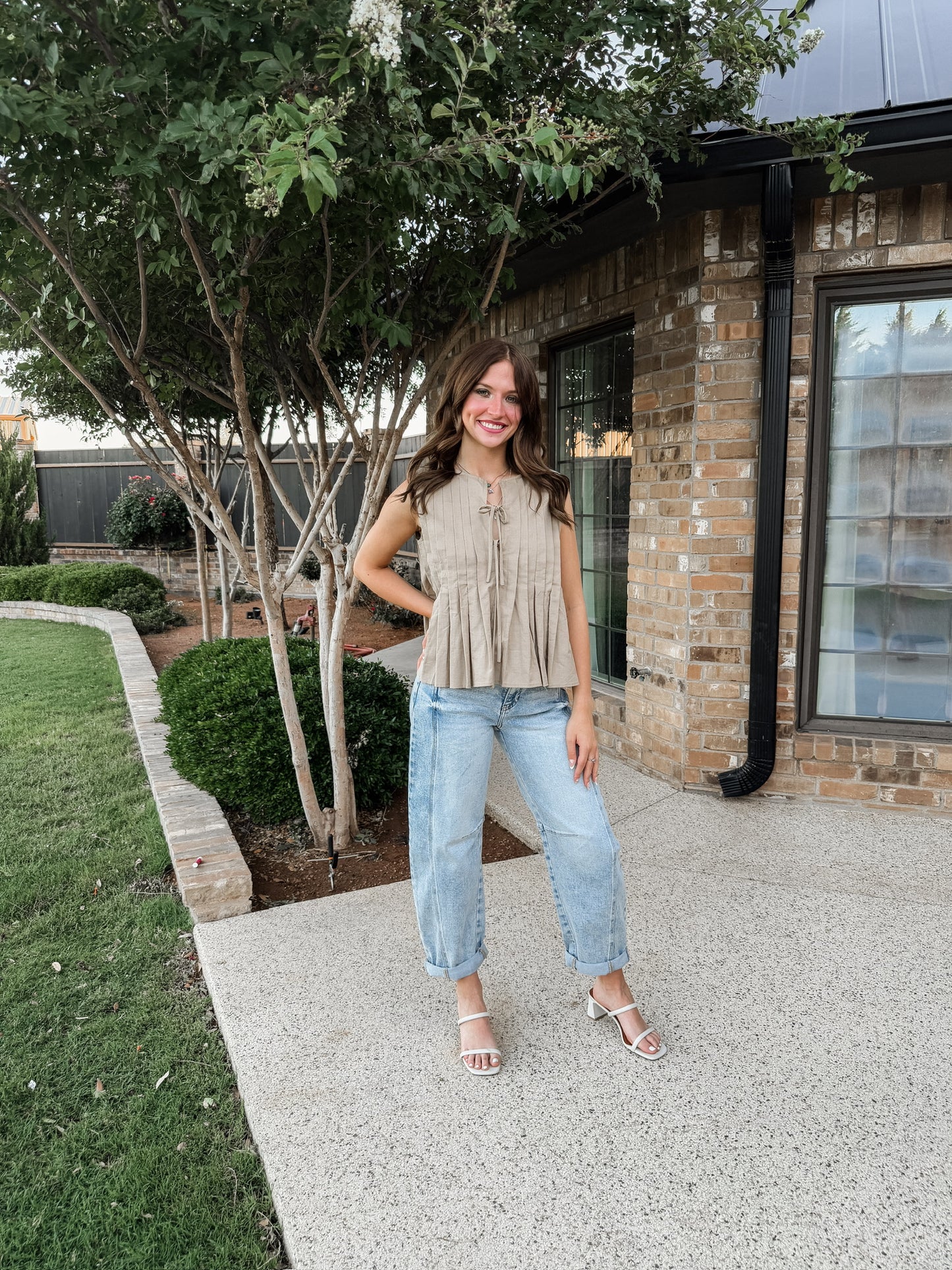 Taupe Pleated Bow Blouse