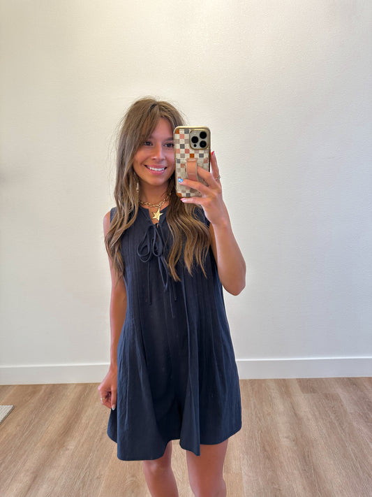 Navy Pleated Romper (100% Cotton)