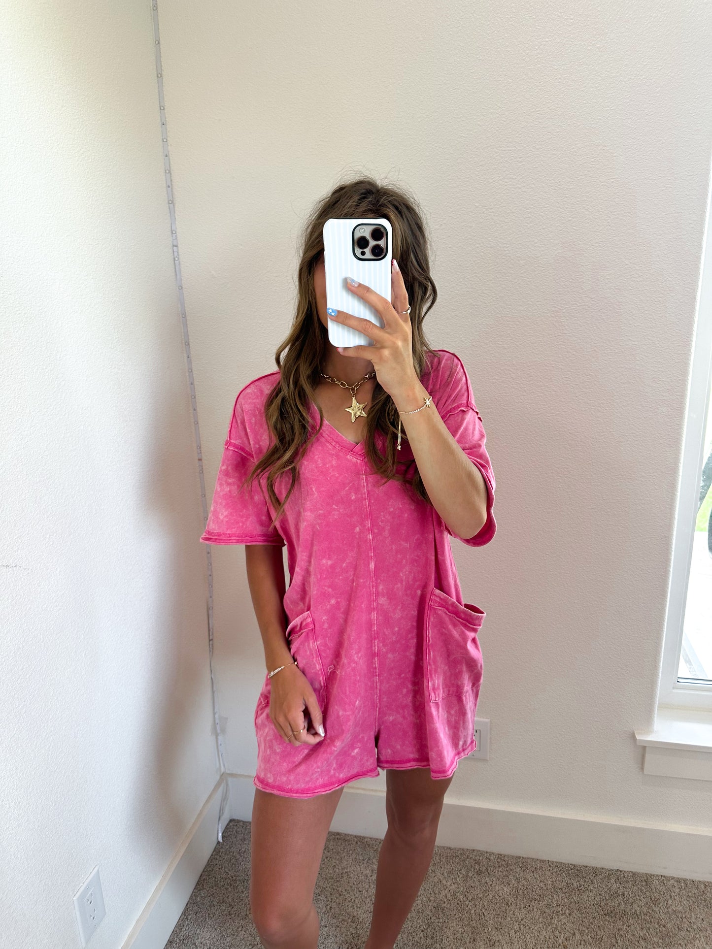 Mineral Washed Romper in Pink