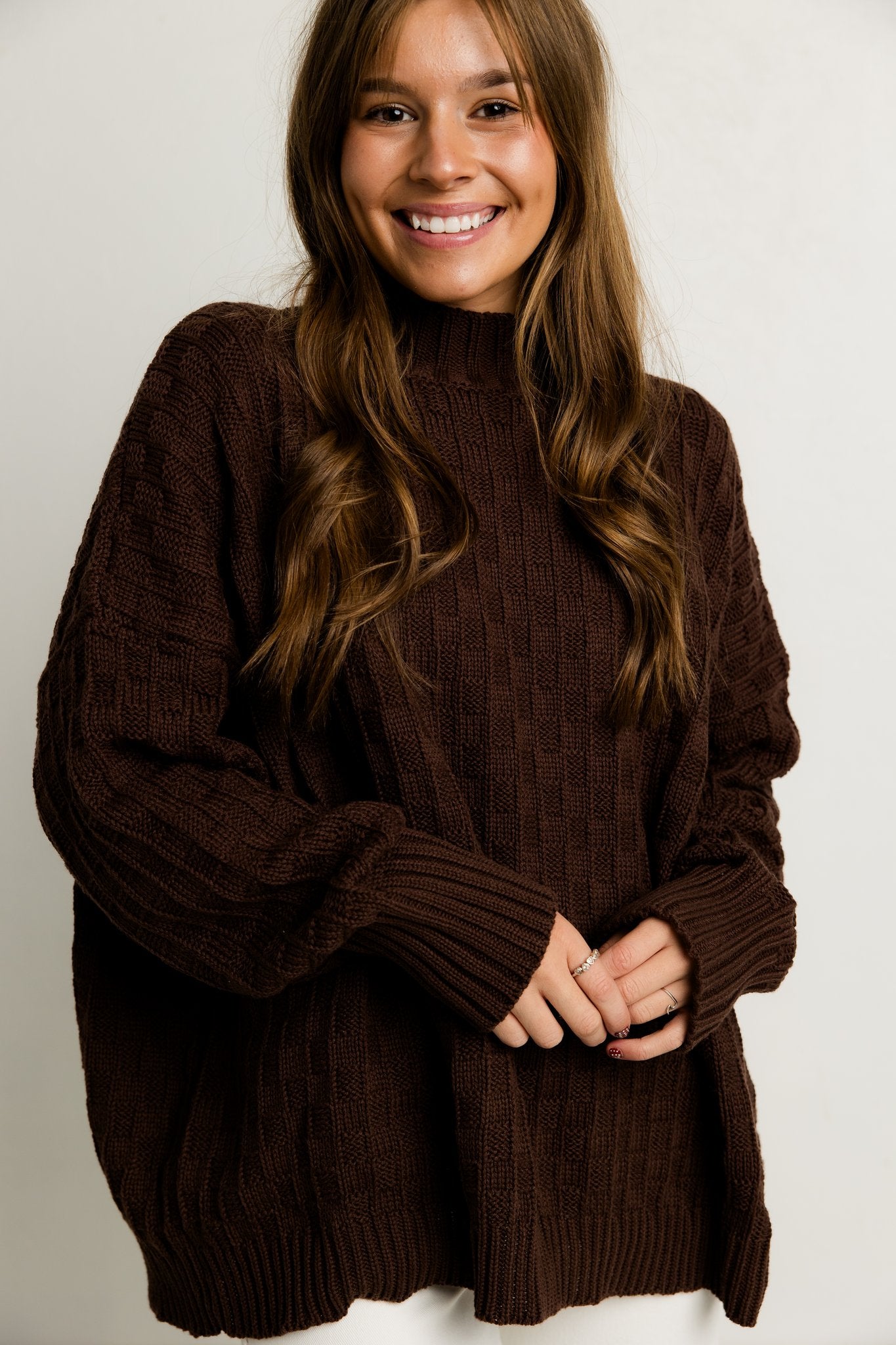 Brown Mock Neck Checkered Sweater