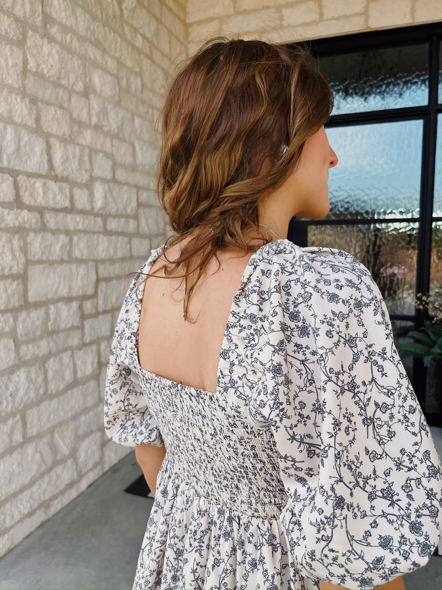 Cream Floral Square Neck Dress