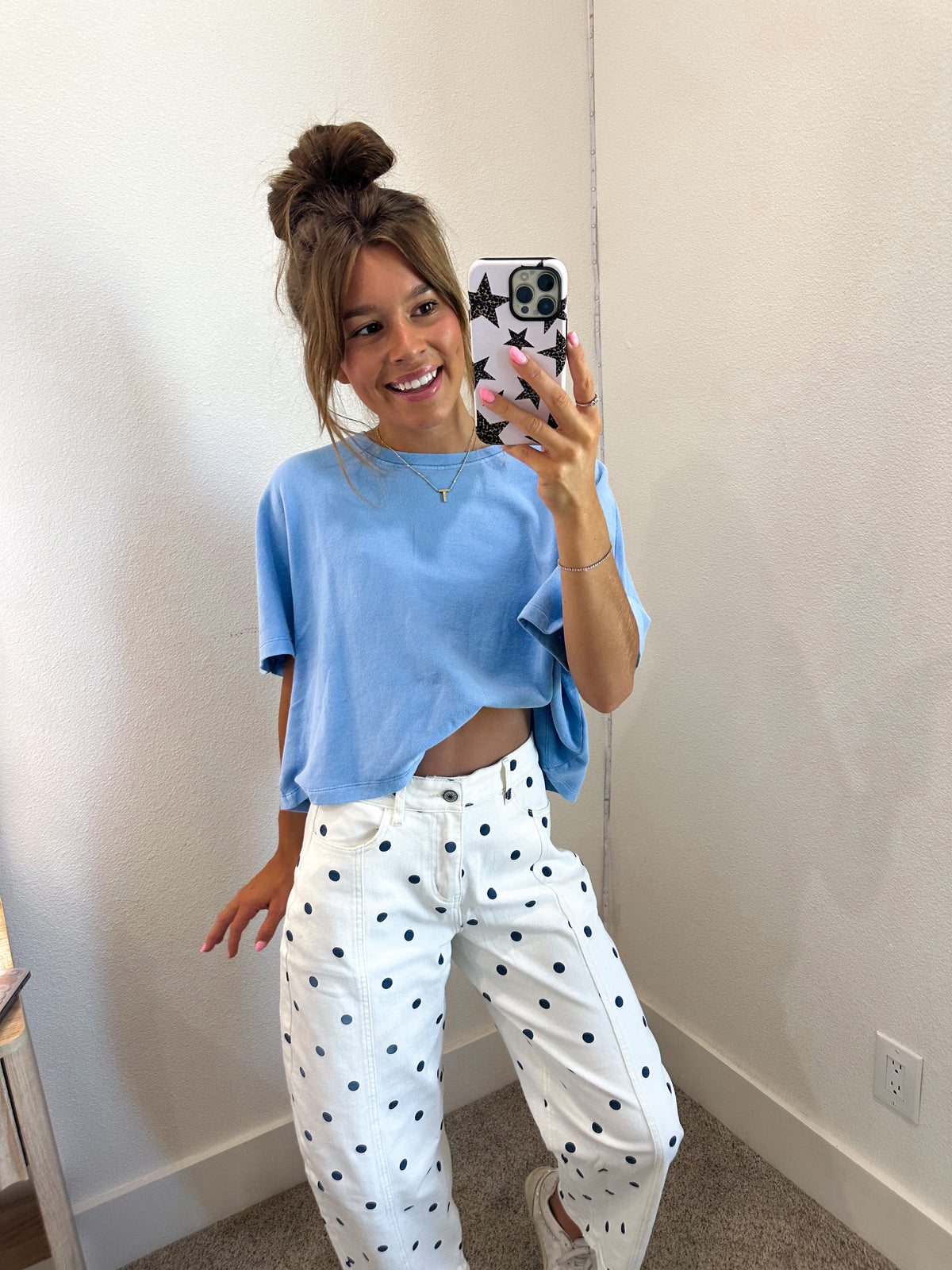 Blue Polka Dot Barrel Jeans