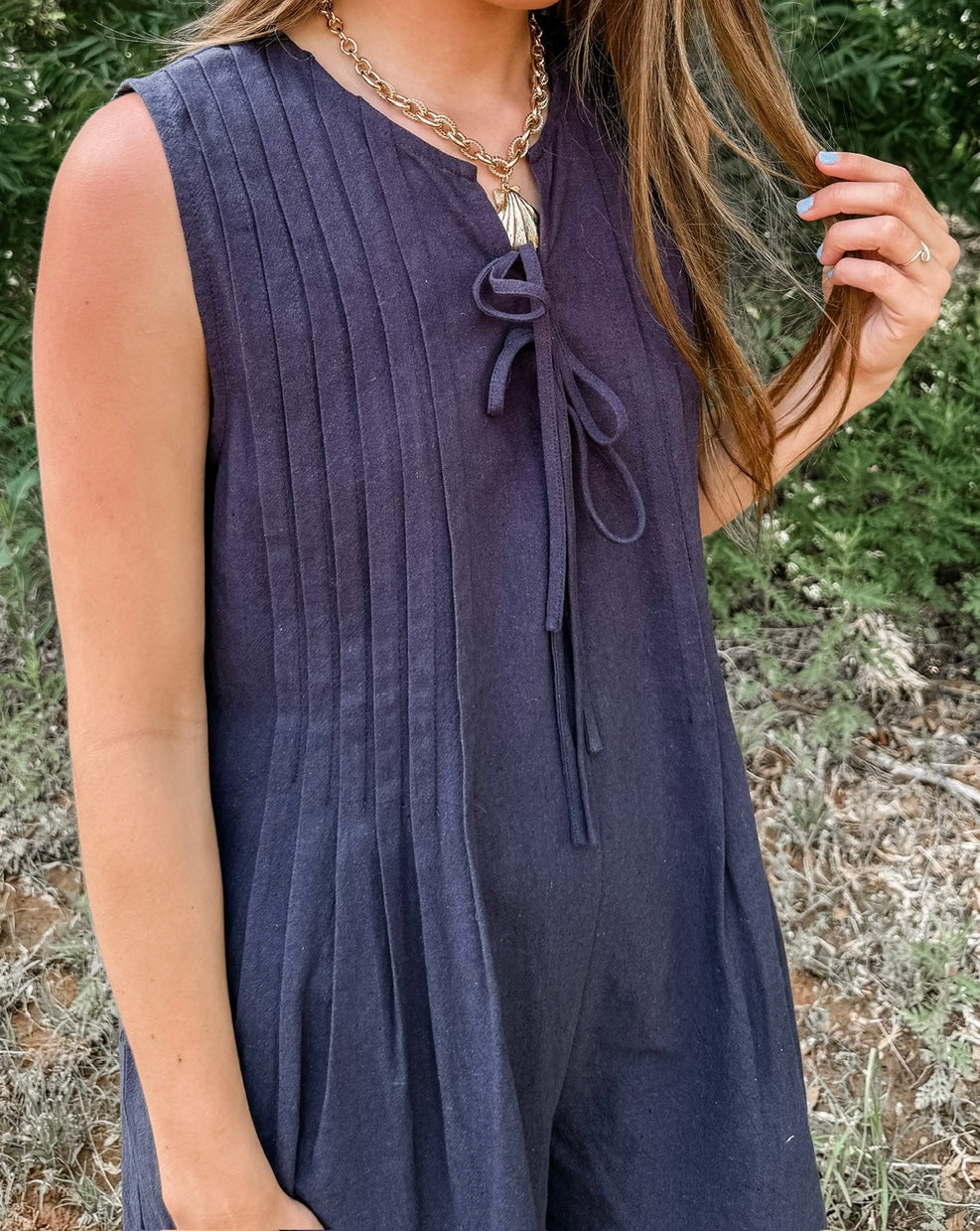 Navy Pleated Romper (100% Cotton)