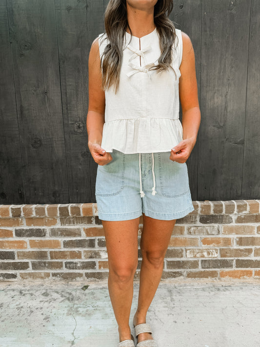 Lightwash Denim Drawstring Shorts (100% Cotton)