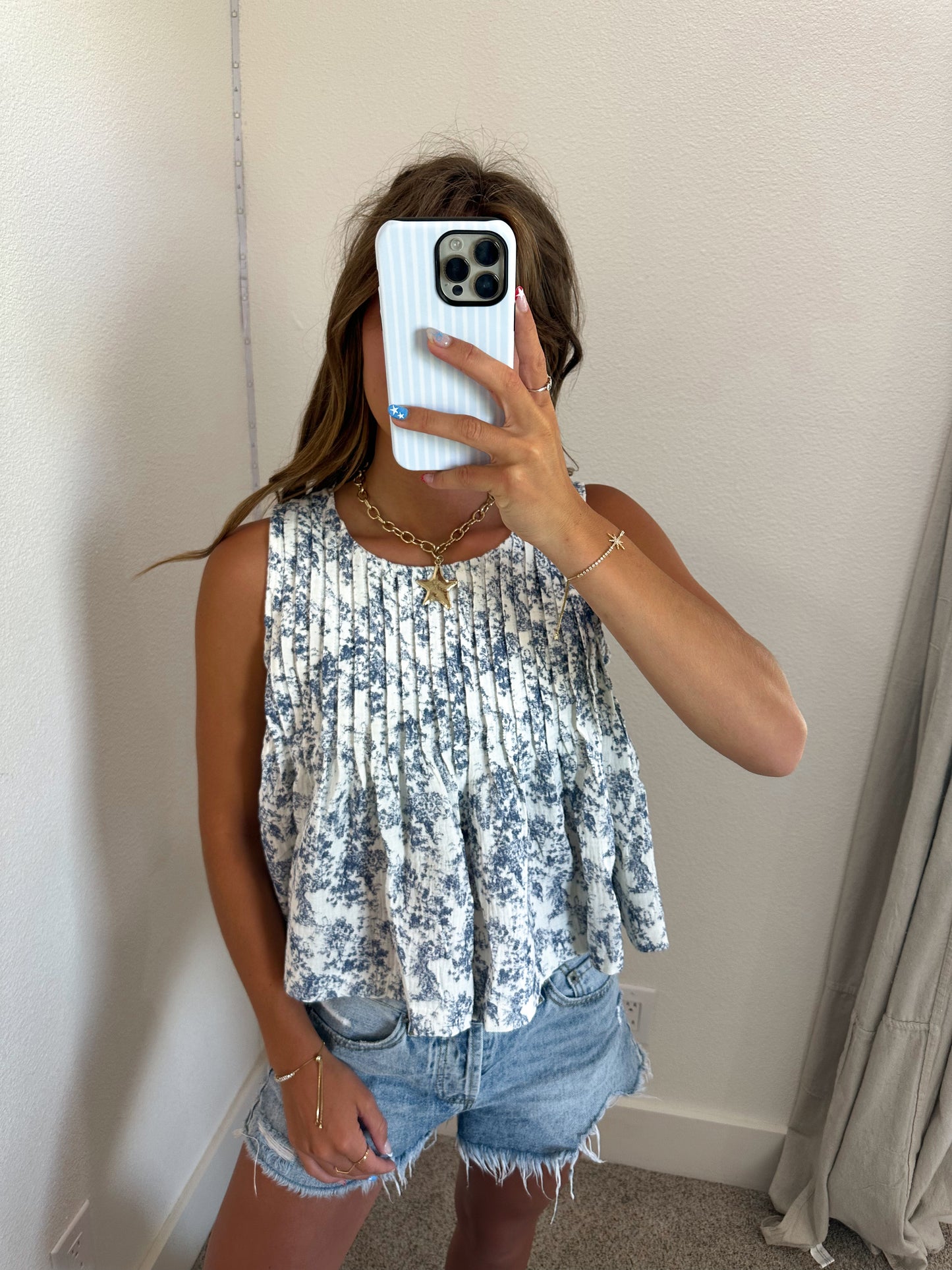 Navy Floral Pleated Tank (100% COTTON)