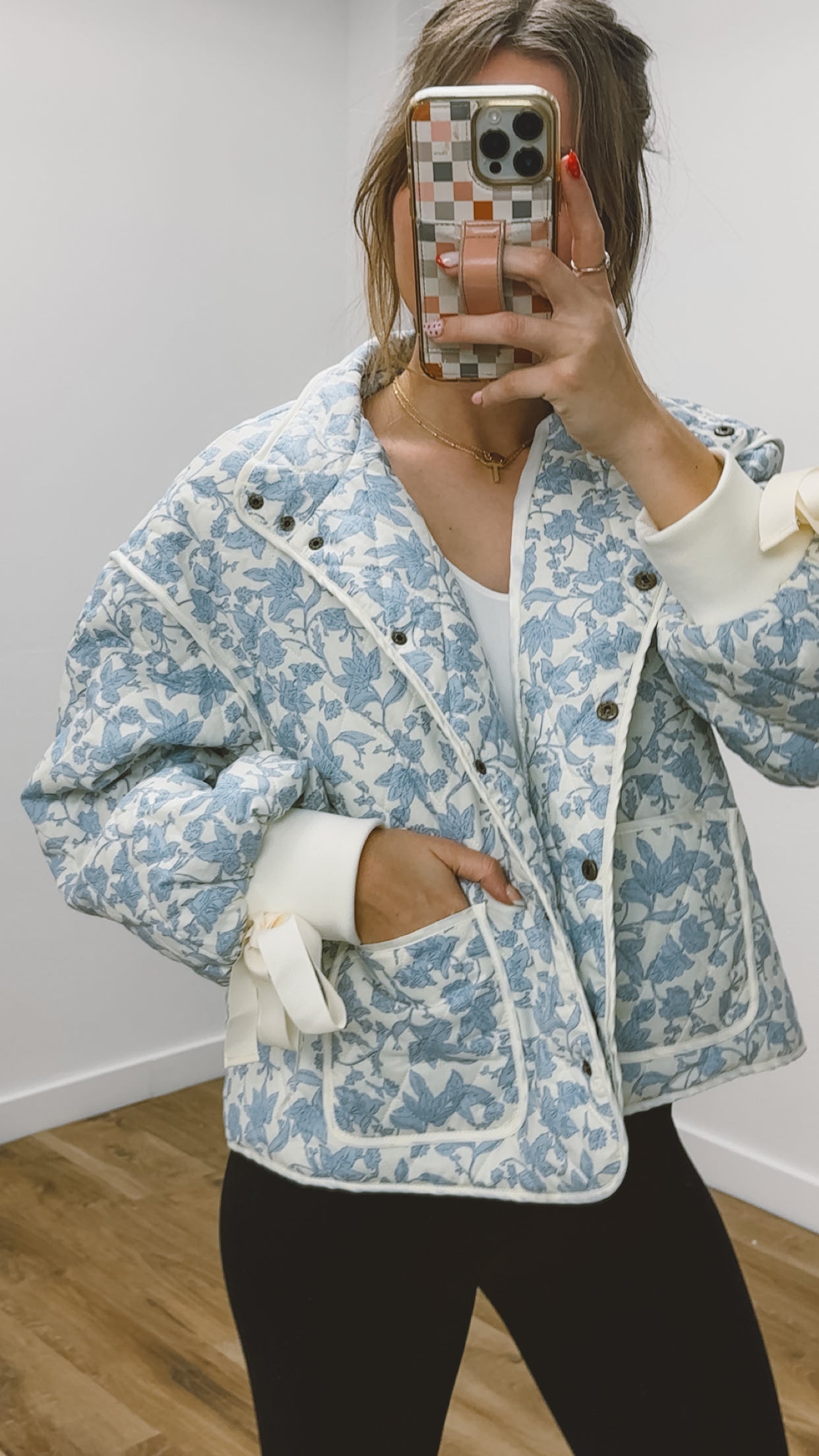 Ivory Blue Floral Quilted Jacket