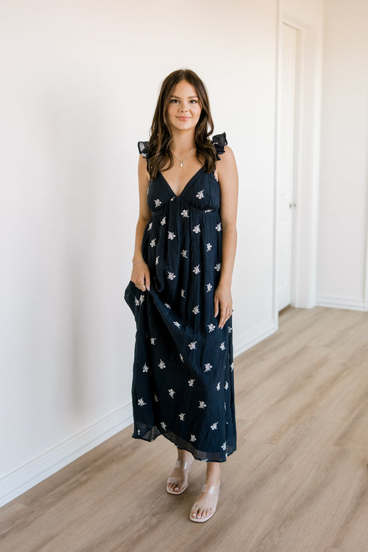 Navy Floral Embroidered Dress