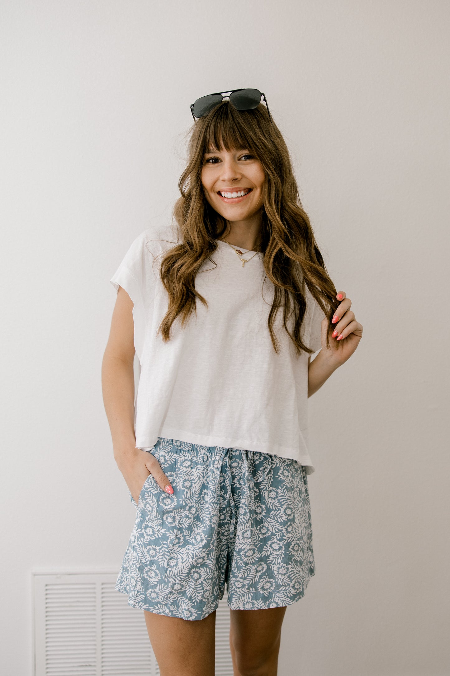 Blue Floral Drawstring Shorts (100% Cotton)