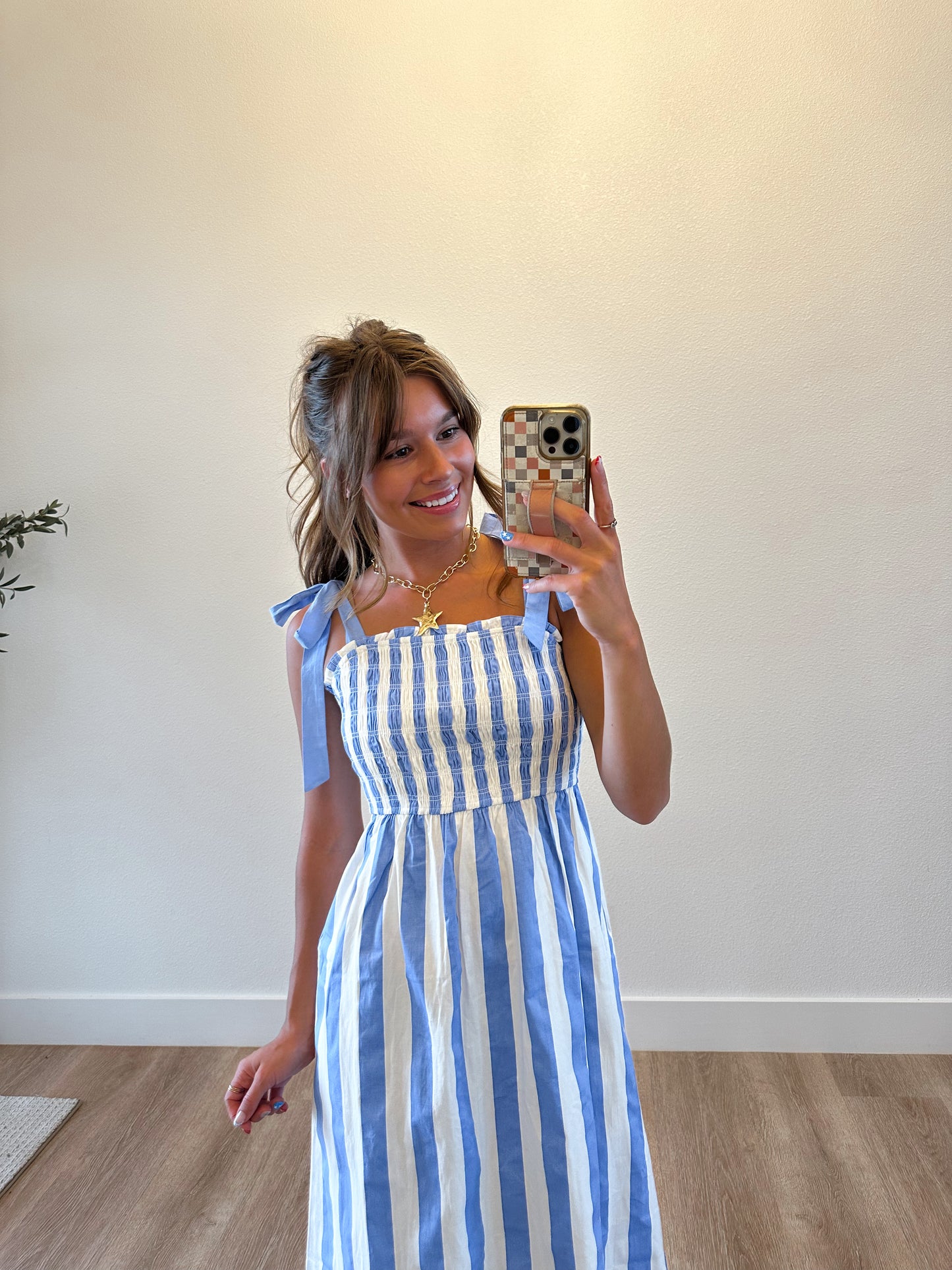 White & Sky Smocked Midi Dress