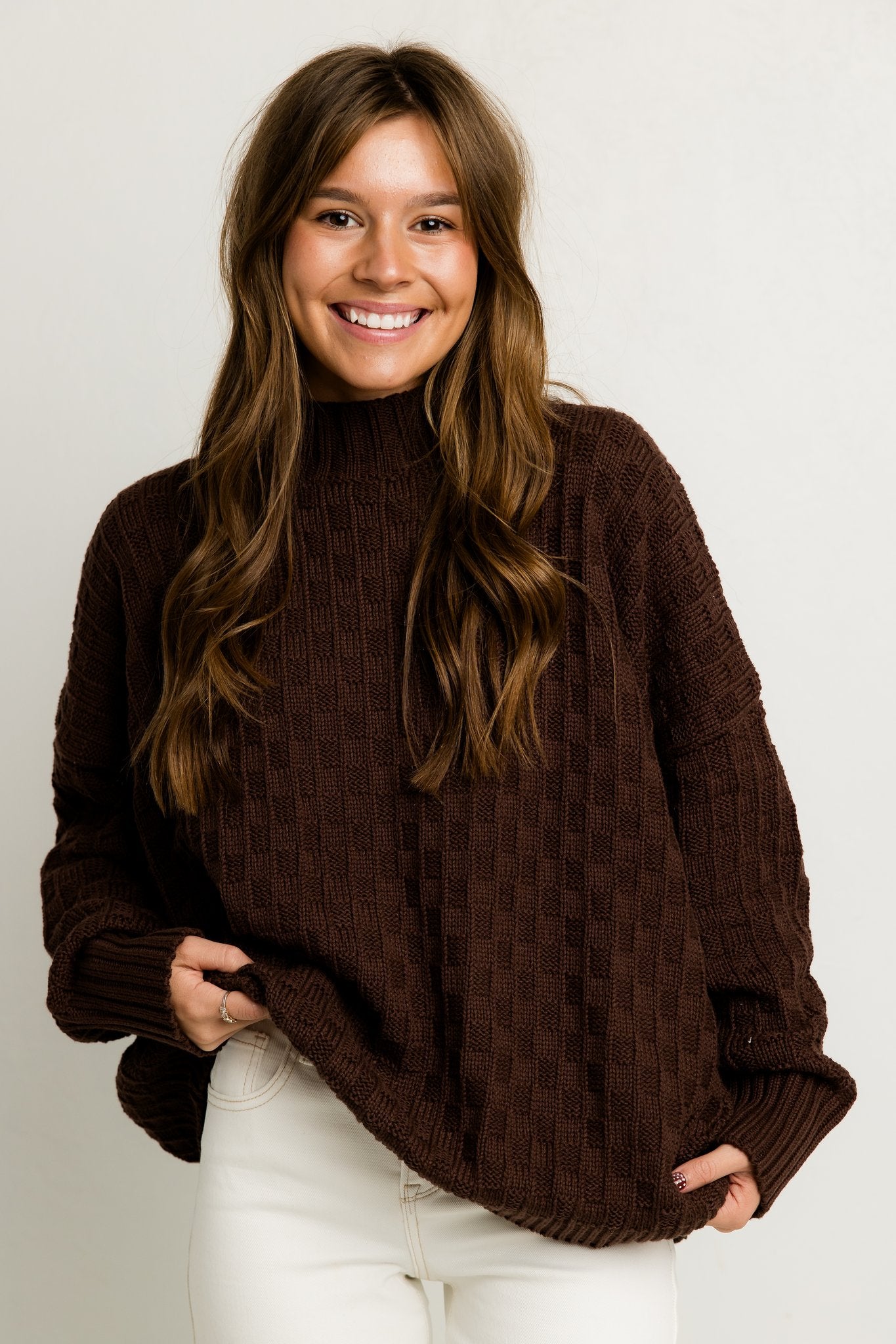 Brown Mock Neck Checkered Sweater
