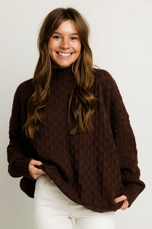 Brown Mock Neck Checkered Sweater