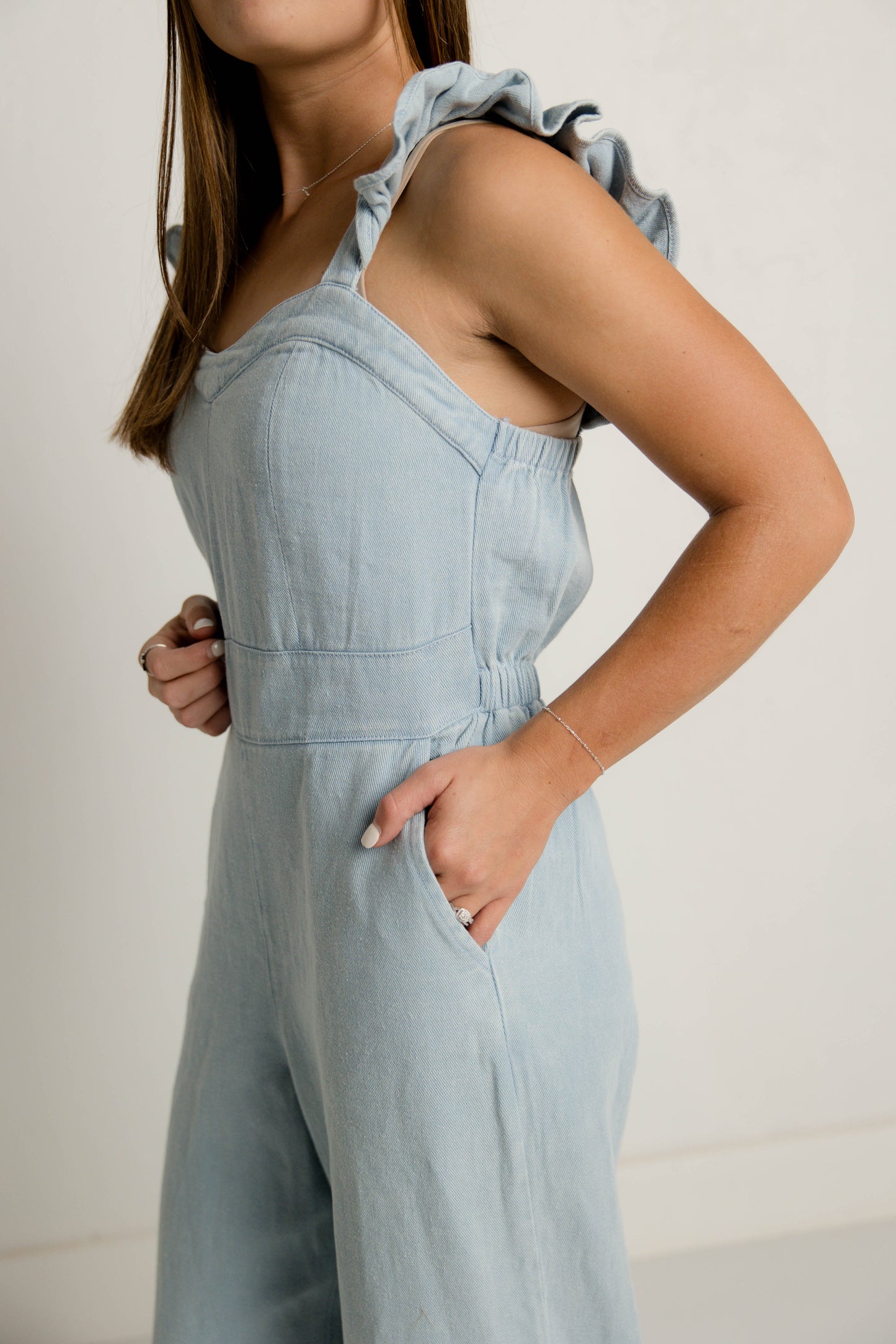 Denim Ruffle Strap Jumpsuit