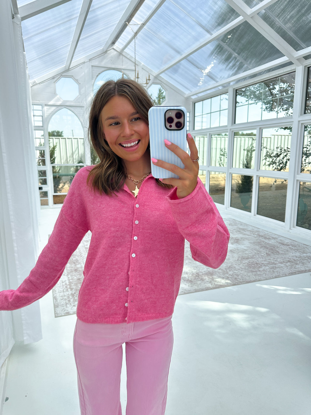 Barbie Pink Button Front Sweater