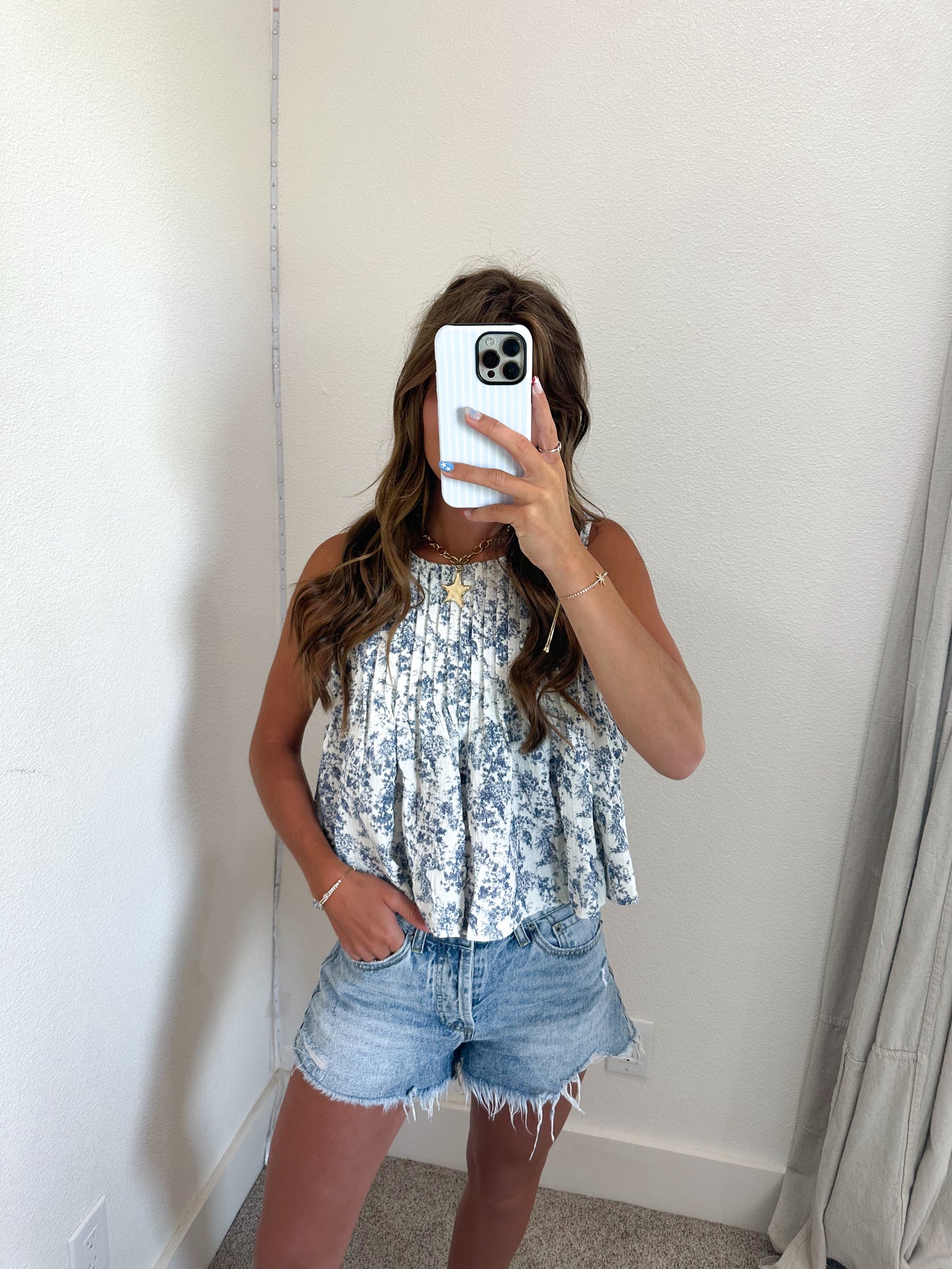 Navy Floral Pleated Tank (100% COTTON)