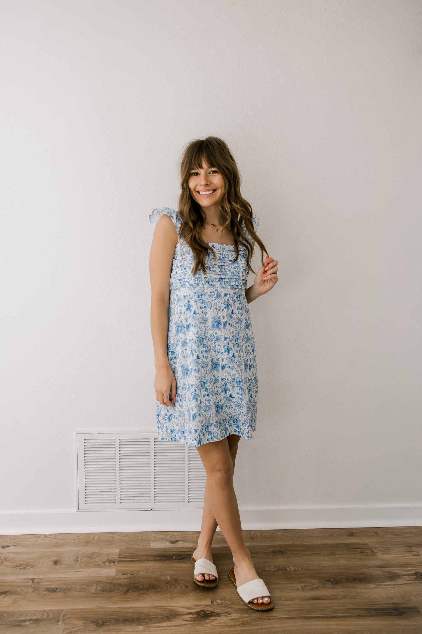 Blue Floral Pleated Dress (100% Cotton)