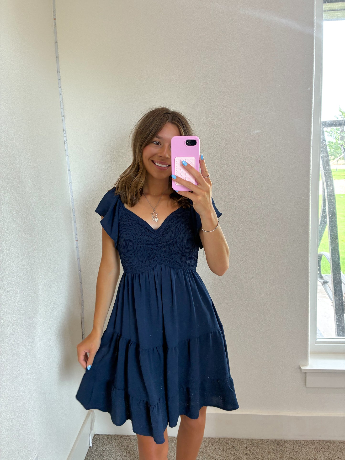 Flutter Sleeve Mini Dress in Navy